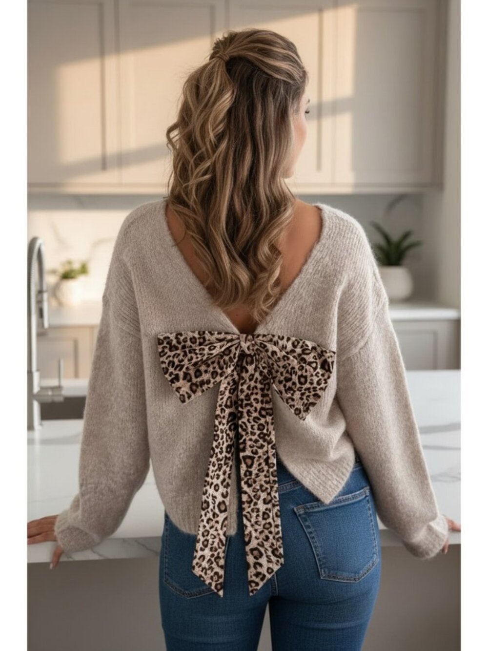 Oversized Leopard Bow Dramatic Split Open Back Dropped Shoulder Baggy Sweater